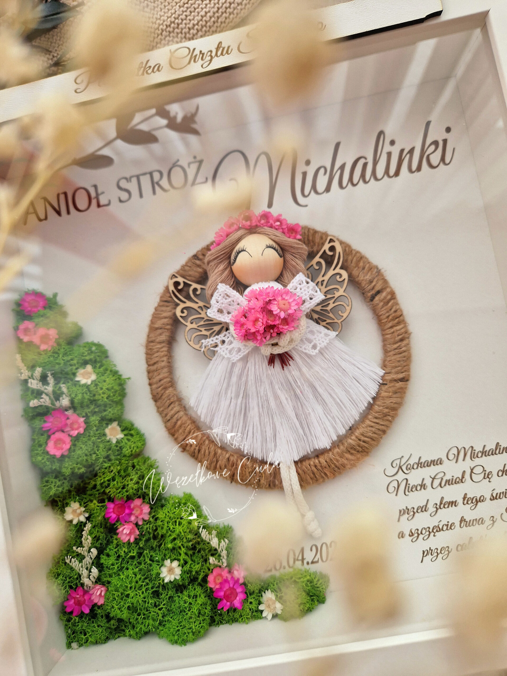 Anioł Stróż w ramce box 3D - Pamiątka Komunii Świętej, mech chrobotek - obrazek 2