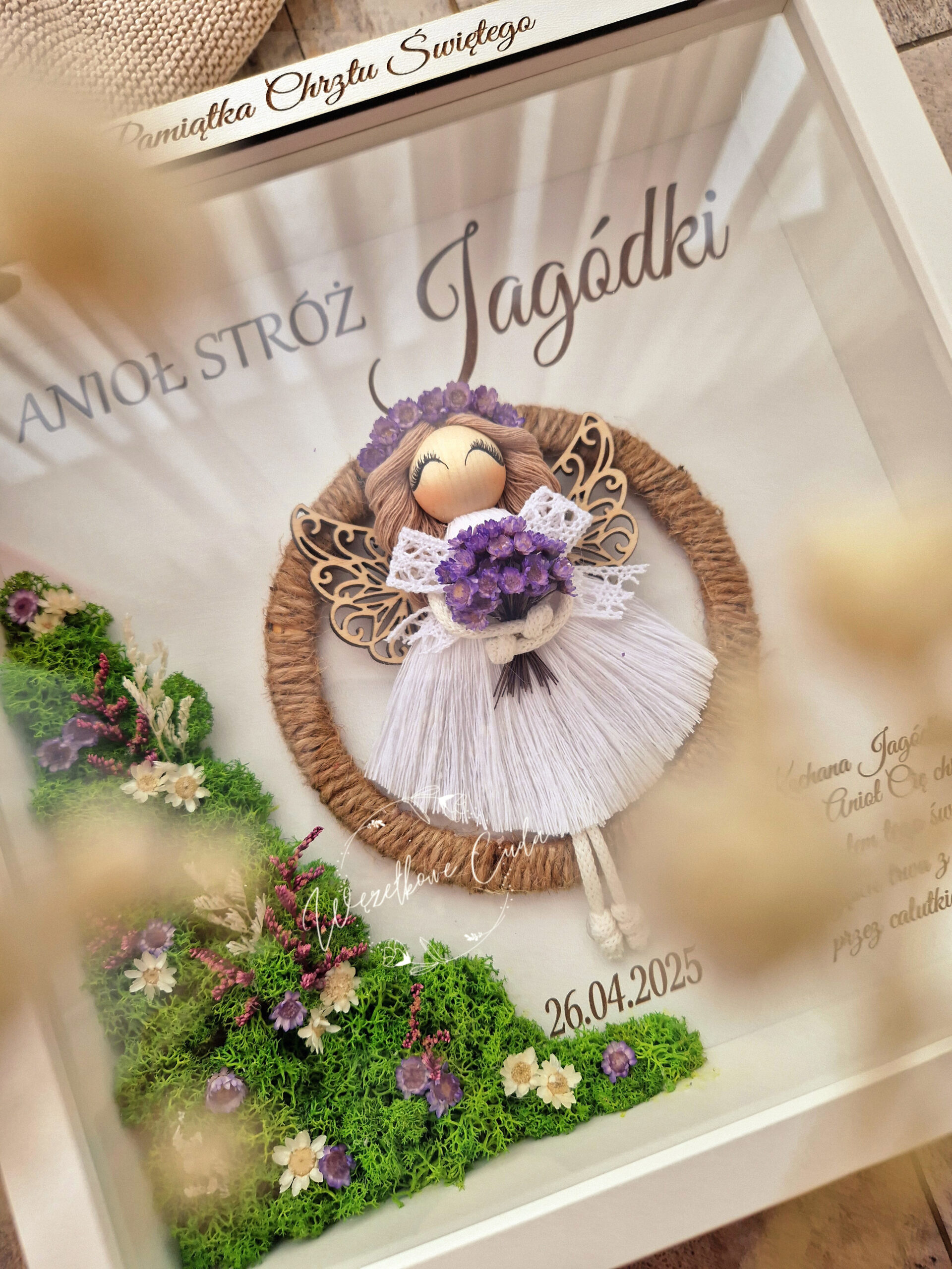 Anioł Stróż w ramce box 3D - Pamiątka Komunii Świętej, mech chrobotek - obrazek 4