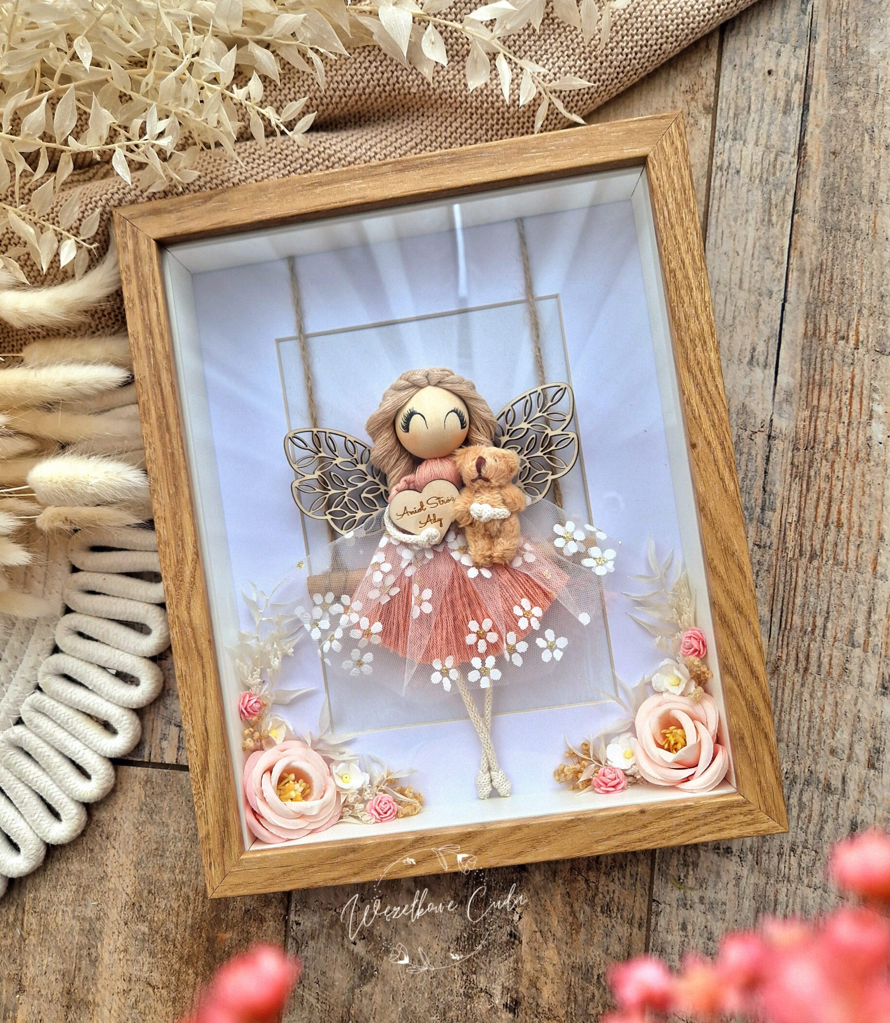 Anioł Stróż z misiem - Pamiątka Chrztu, Komunii, dla dziewczynki