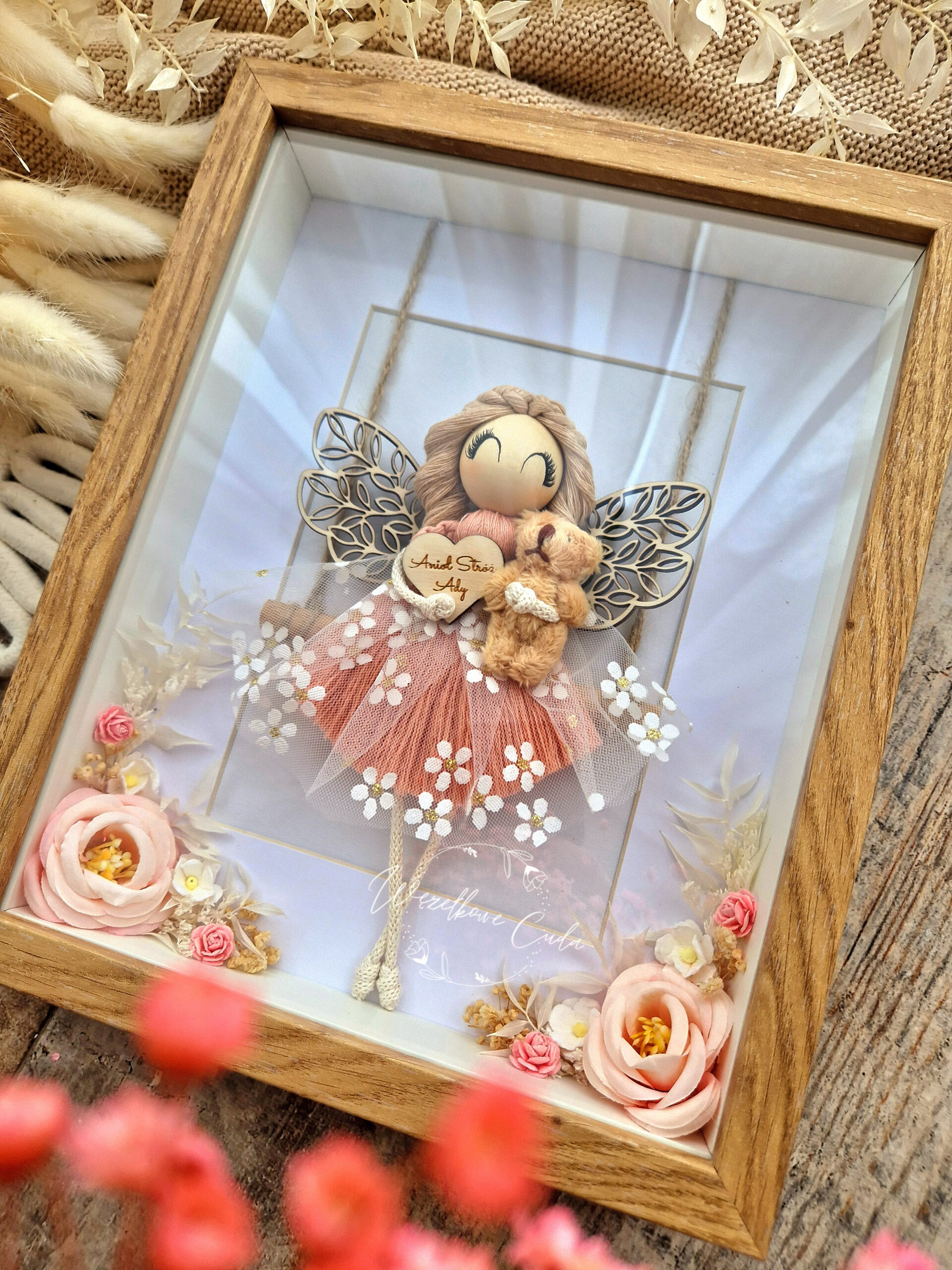 Anioł Stróż z misiem - Pamiątka Chrztu, Komunii, dla dziewczynki - obrazek 3