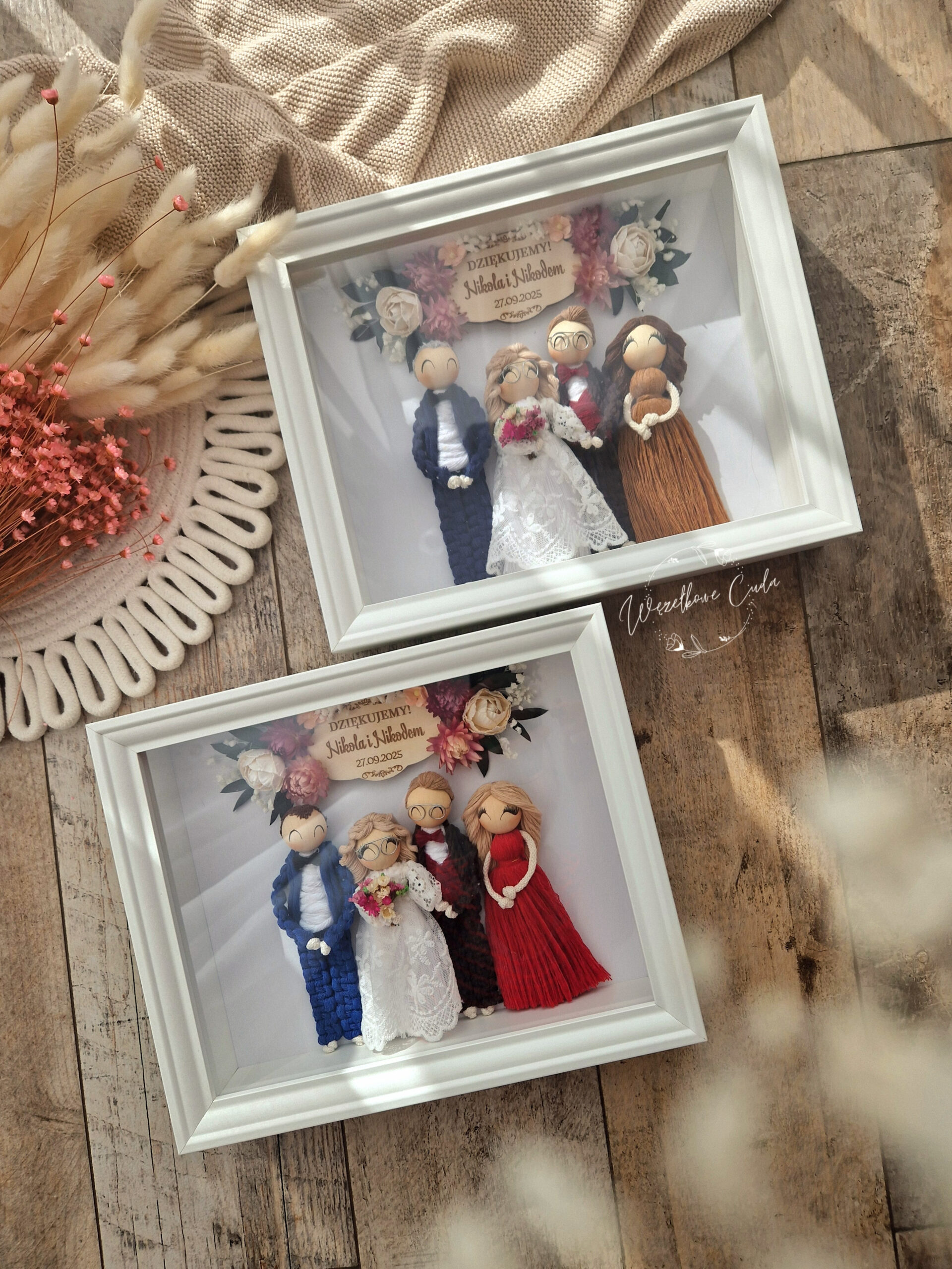 Podziękowanie ślubne dla rodziców - ramka, makramowe laleczki