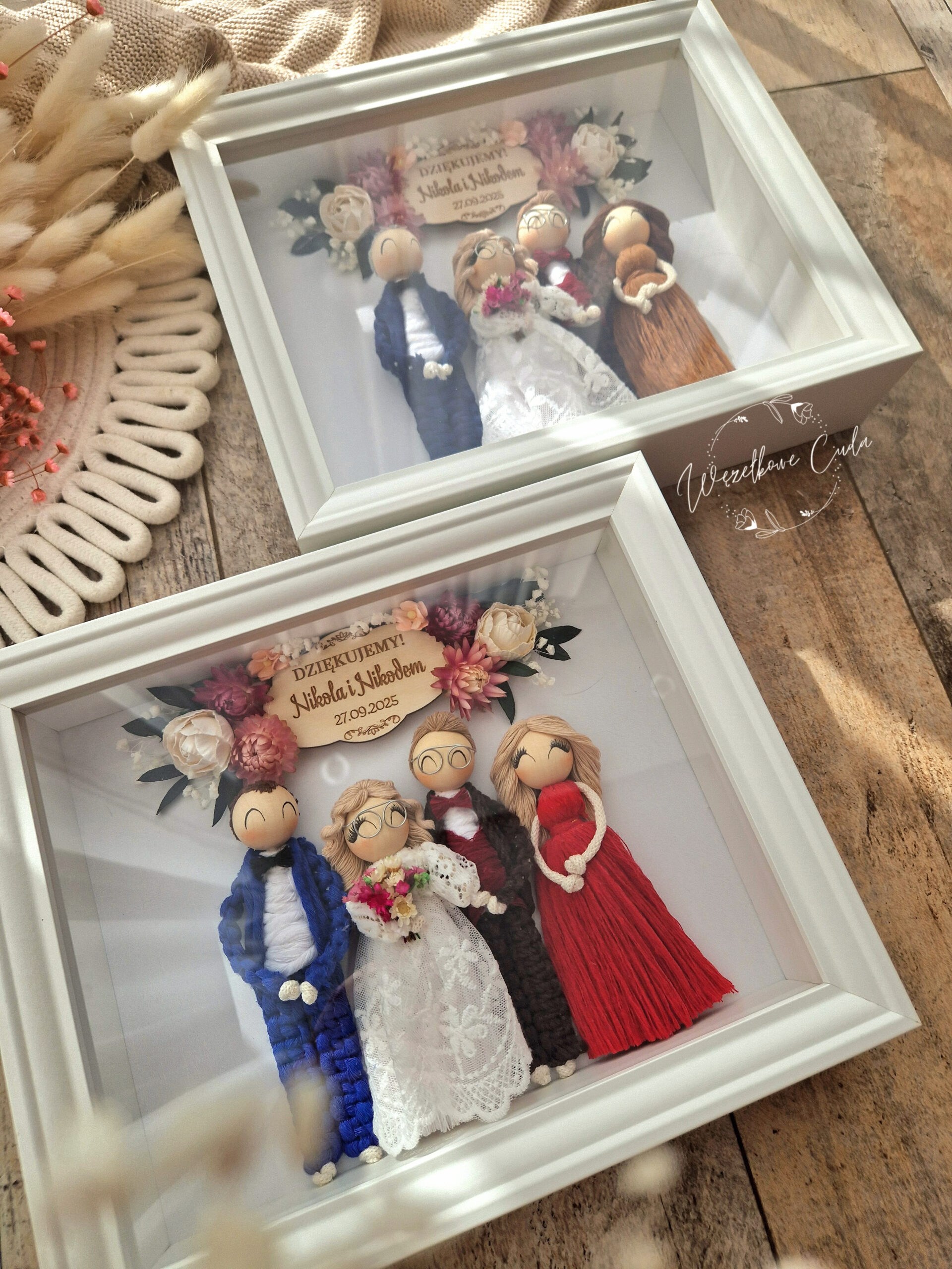 Podziękowanie ślubne dla rodziców - ramka, makramowe laleczki - obrazek 4