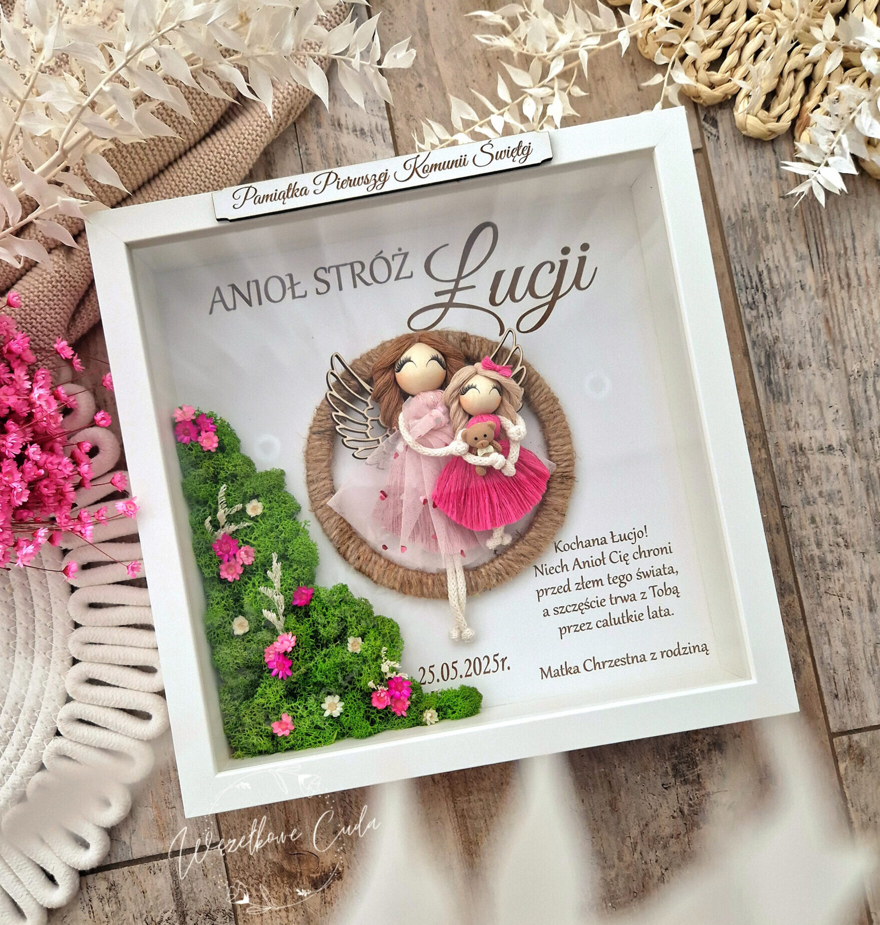 Anioł Stróż dla dziewczynki, pamiątka Chrztu Świętego, Komunii, mech chrobotek