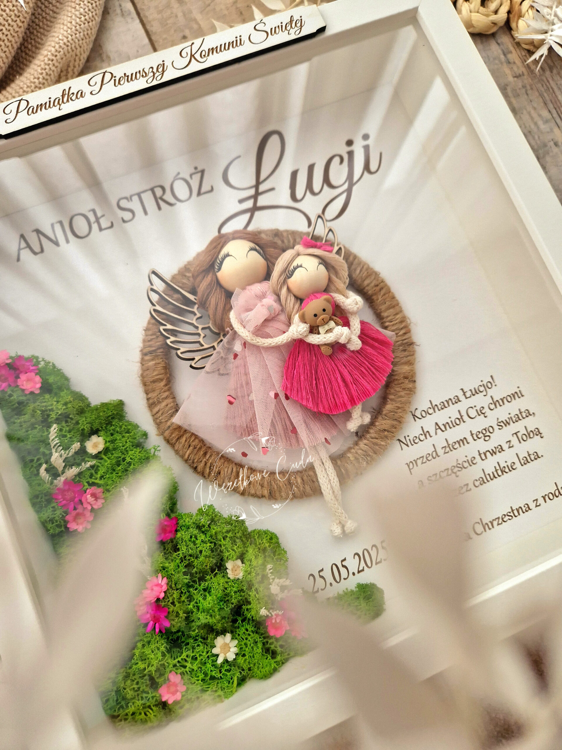 Anioł Stróż dla dziewczynki, pamiątka Chrztu Świętego, Komunii, mech chrobotek - obrazek 2