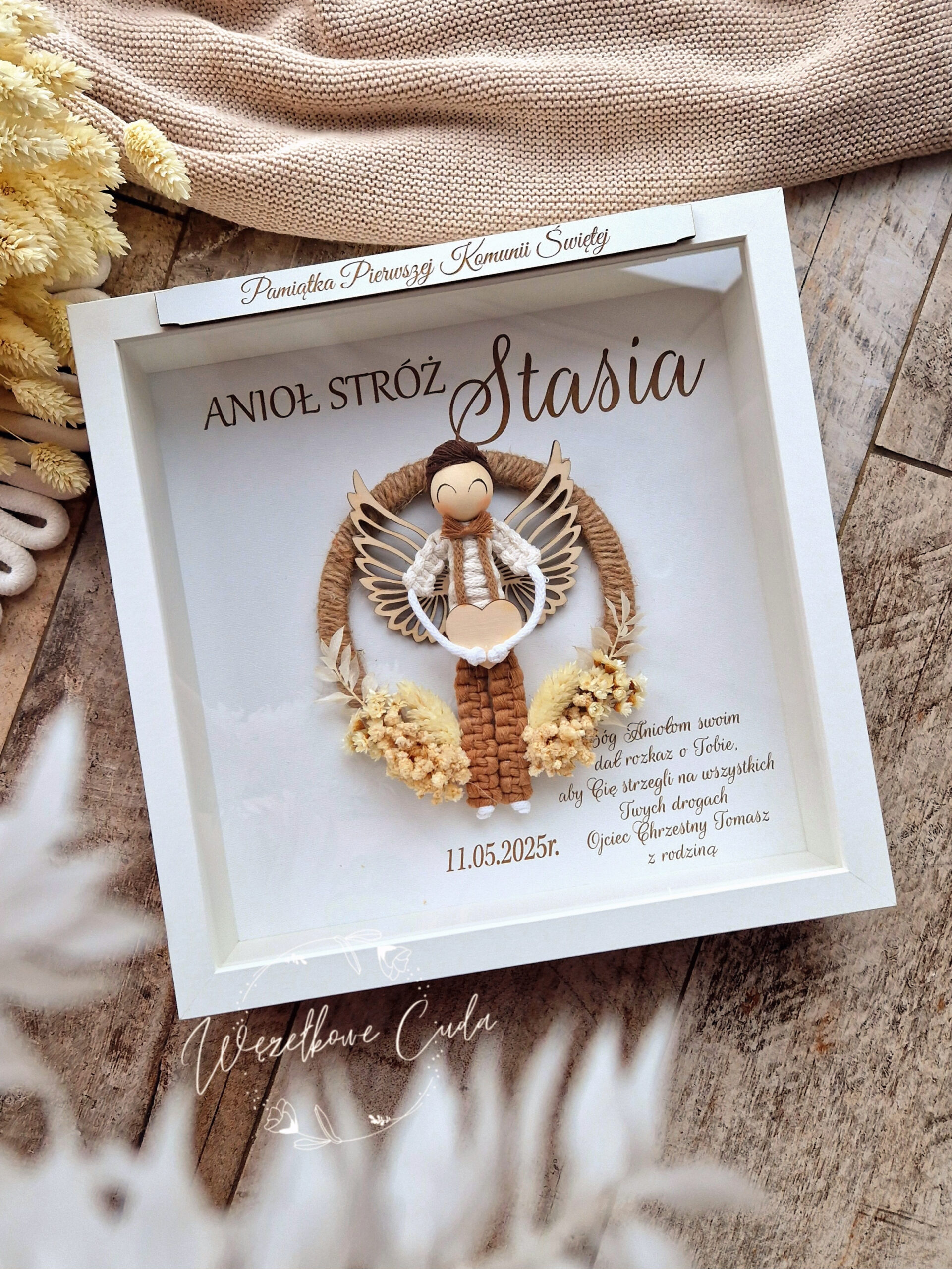 Anioł Stróż na obręczy, ramka 3D - Pamiątka Chrztu, Komunii
