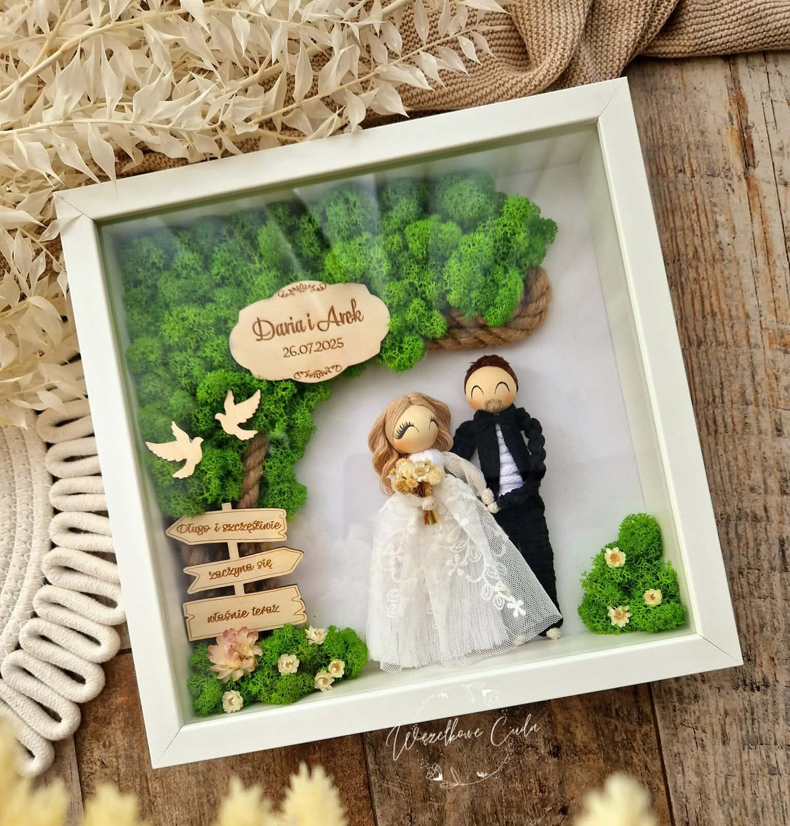 Pamiątka Ślubu, ramka box - makramowe laleczki, drzewko