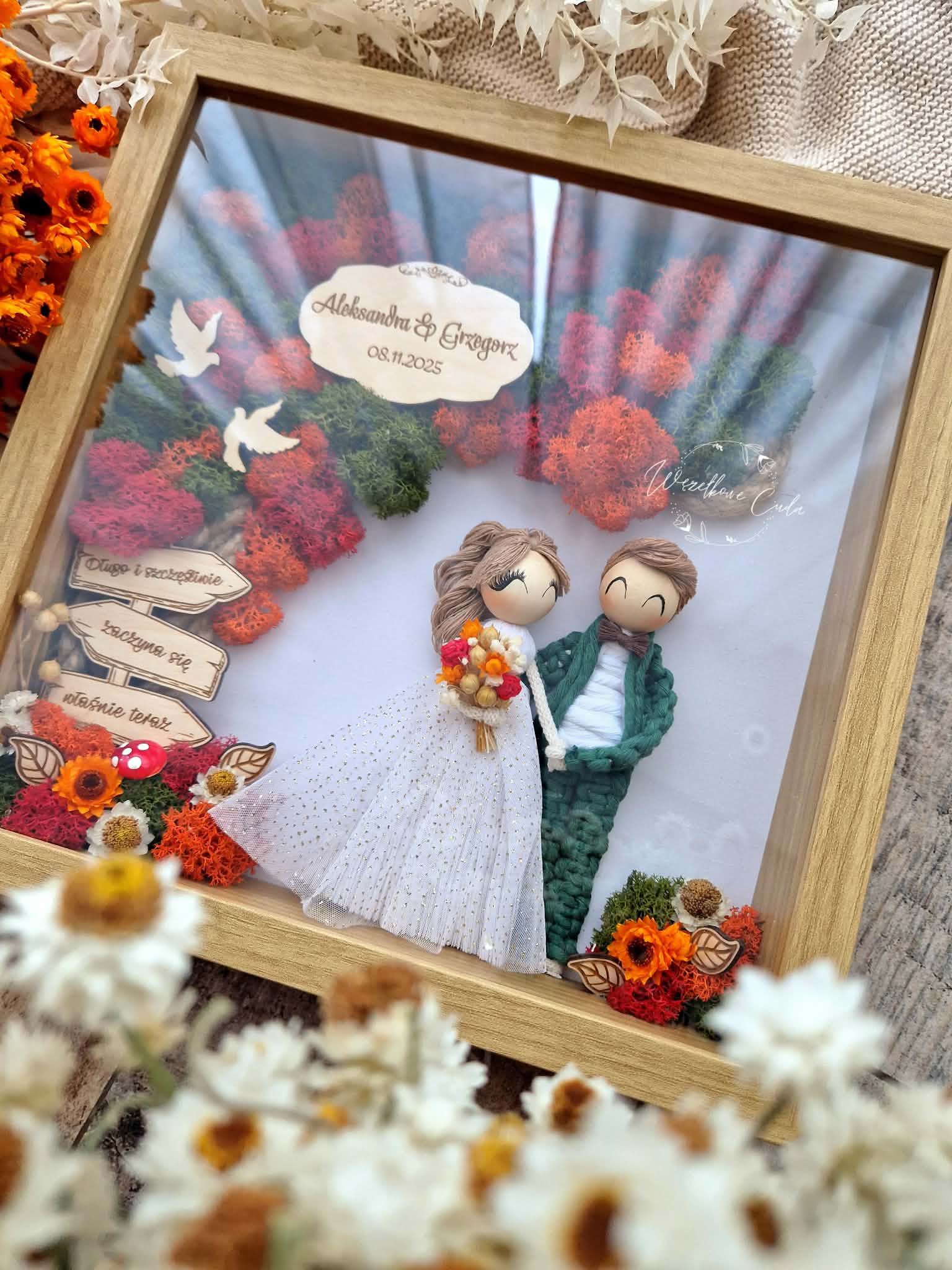 Pamiątka Ślubu, ramka box - makramowe laleczki, drzewko kolor - obrazek 4